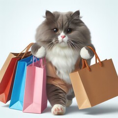 Walking cat with shopping bags on white background.