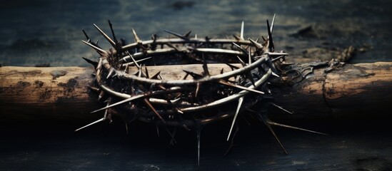 Jesus wears crown thorns and nails on ground