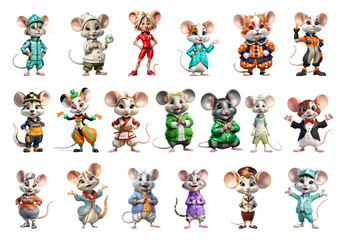 Set of cartoon caricature funny freaky mouse, rat character in different looks 3D illustrations on a transparent background. Clipart for stickers, cards, banners, decoration, print and social networks