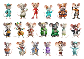 Deurstickers Robot Set of cartoon caricature funny freaky mouse, rat character in different looks 3D illustrations on a transparent background. Clipart for stickers, cards, banners, decoration, print and social networks