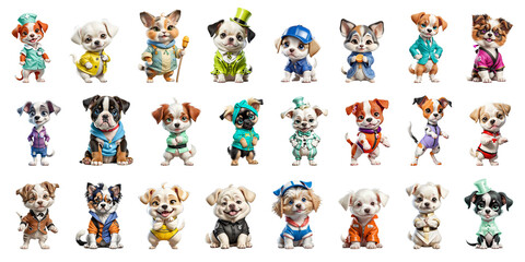 Set of cartoon caricatures of funny freaky puppies, and dog characters in different looks 3D illustrations on a transparent background. Clipart for stickers, cards, banners, print and social networks