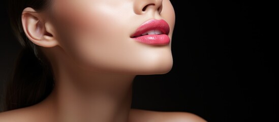 Woman's pink lipstick close-up on black background