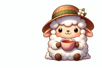 Fototapeta premium Little sheep in a hat sitting with a cup of tea. Space for text.
