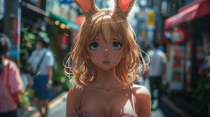 Happy girl with bunny ears on city street, long hair, brown hair