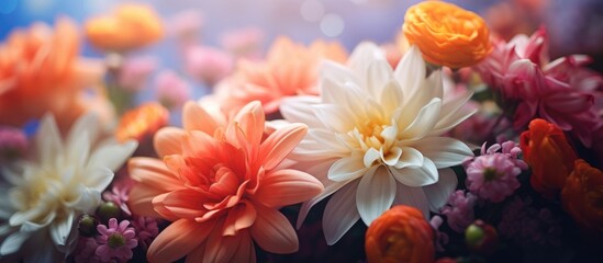 Obraz na płótnie Canvas Colorful blooms in vase on table