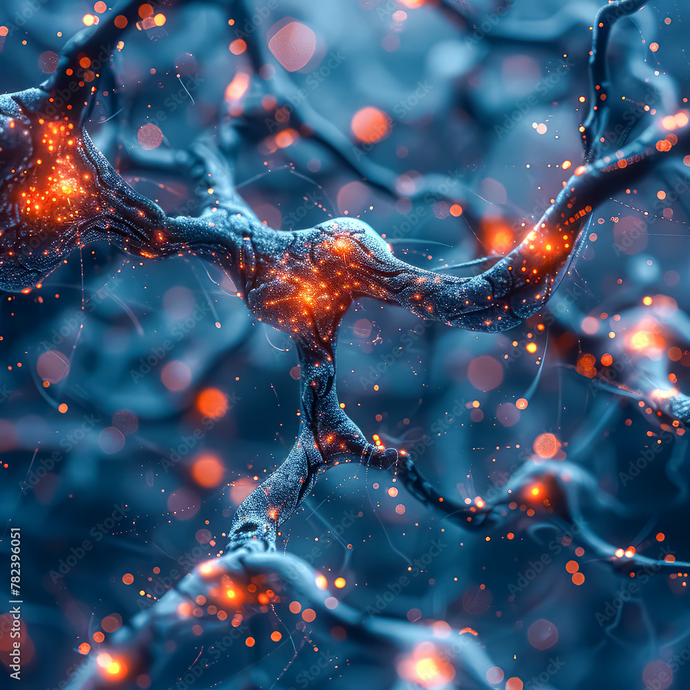 Poster a blue and orange patterned image of a network of lines and dots. the image has a futuristic and tec