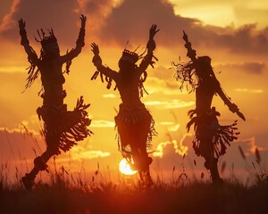 At sunset, ceremony tribal dancers come alive with dynamic motion, their silhouettes painting the sky as they celebrate ancient rituals. - obrazy, fototapety, plakaty