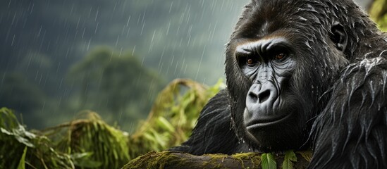 Gorilla in the Rain with Tree Background