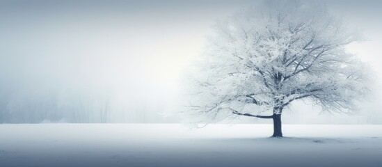 Snow-covered tree in misty winter field