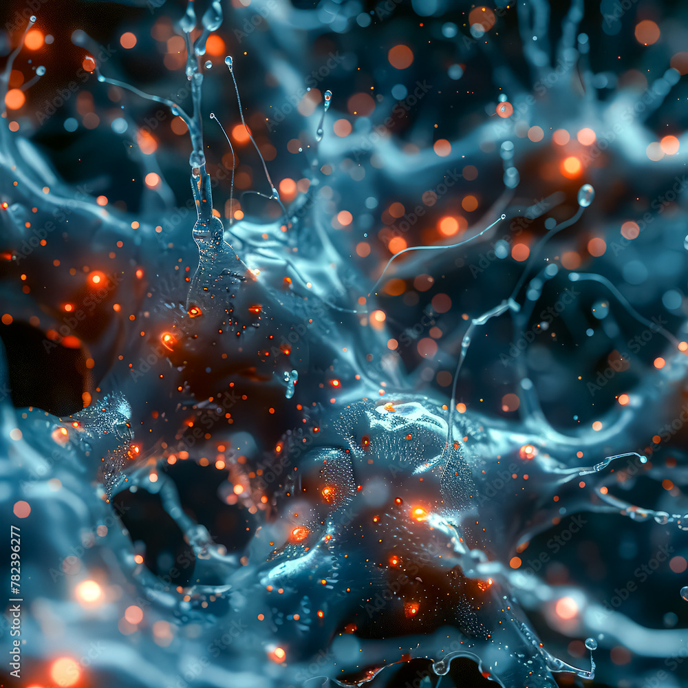 Poster a computer generated image of a brain with blue and orange swirls. the image has a futuristic and ab