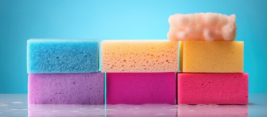 Stack of colorful sponges with blue background - Powered by Adobe