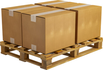 Stacked cardboard boxes on wooden pallet cut out png on transparent background