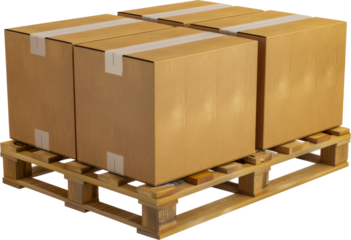 Stacked cardboard boxes on wooden pallet cut out png on transparent background