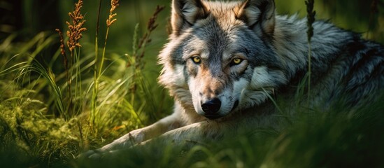 Wolf resting in forest grass