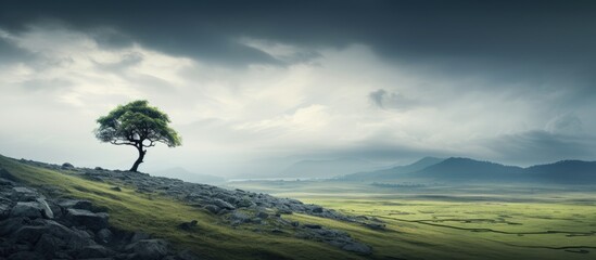 Rocky hill with lone tree under cloudy sky - Powered by Adobe
