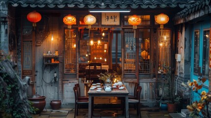 Tables and chairs outside a building with lanterns