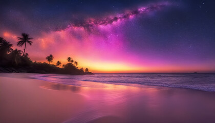 Fototapeta na wymiar Fantastic beach. Colorful sunset over the ocean. Tidal bore. Magical seascape. Cloud cover with stars