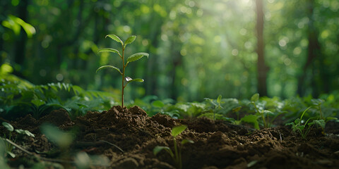 Sapling in fertile soil with a lush forest behind showing reforestation for World Environment Day - obrazy, fototapety, plakaty