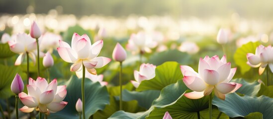 Lotus flowers in meadow under sunlight