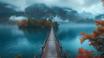 Wooden bridge over lake with mountain backdrop, surrounded by natural landscape