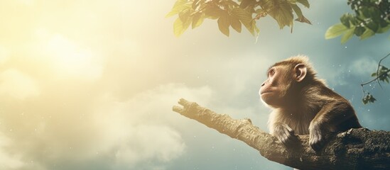 Monkey on tree branch gazes upwards - obrazy, fototapety, plakaty