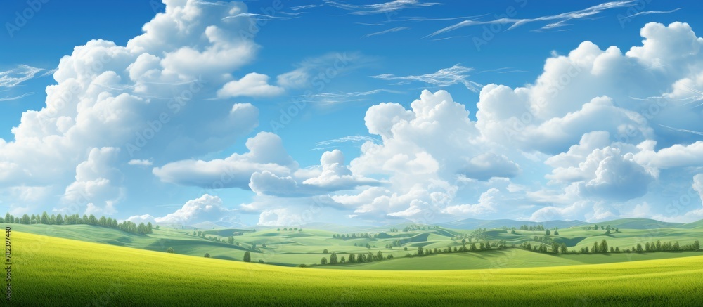 Poster green field with trees and clouds