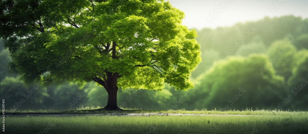 Poster Sunlight filtering through trees in a meadow