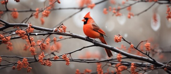 Red bird perched tree branch