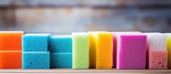 Colorful cleaning sponges lined up - obrazy, fototapety, plakaty