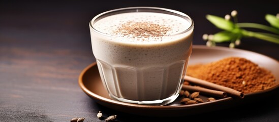 Glass of milk with sprinkled cinnamon and powder on plate