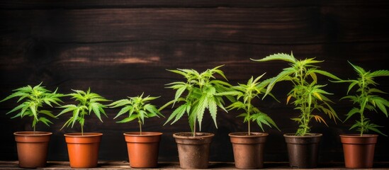 Legal cannabis plants in pots on wooden table