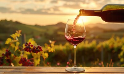 Red wine being poured into a glass on a wooden table, vineyard landscape on the background with hills and greenery, sunset - obrazy, fototapety, plakaty
