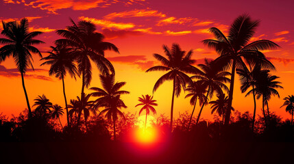 Fototapeta na wymiar Silhouette of palm trees at tropical sunrise or sunset background
