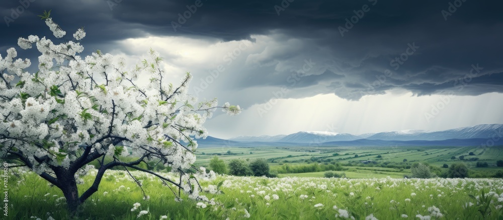 Poster Tree in field with approaching storm