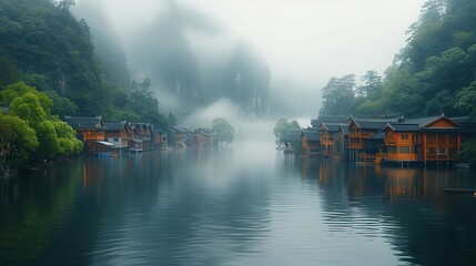 Water reflects sky and trees on foggy day at lake surrounded by houses