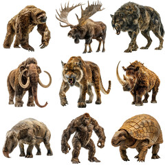 Fototapeta premium Set of ice age animals on transparent background. Pleistocene megafauna and extinct animals concept. Digital illustration for children, school, study, aid, elements for design 