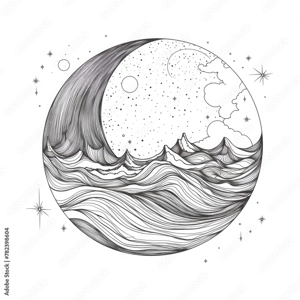 Poster continuous line drawing of minimalist moon illustration generative ai