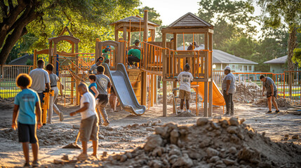 Community Park Renovation - Volunteers Upgrade Children's Playground at Sunset
