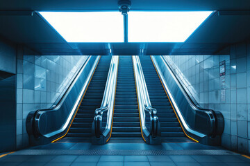 Perfect symmetry found in a subway escalator illuminated by calming blue lights, offering a...
