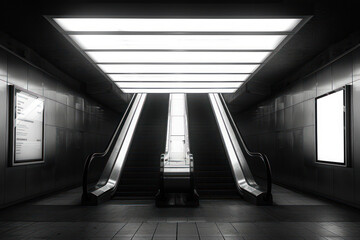 A striking black and white image of an escalator illuminated by strong overhead lights