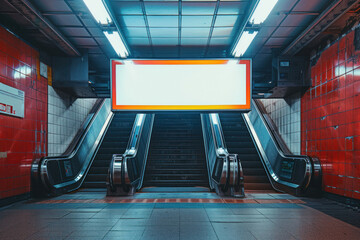 A red-tiled subway escalator leading up to a large, empty advertising billboard framed by bright overhead lights