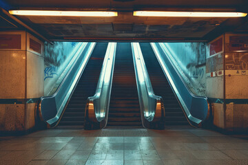 Nighttime image of deserted escalators in an urban subway station with graffiti and a hint of mystery