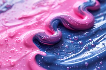 Closeup of pink and blue slime with bubbles, resembling a fluid art pattern
