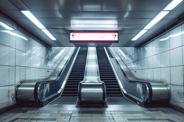 A well-lit subway station escalator with a clear directional sign pointing right, creating a sense of guidance
