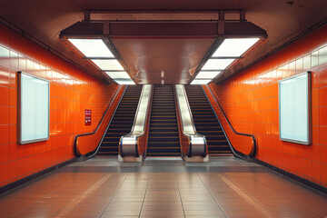 A symmetrical shot of escalators in a subway station, highlighted by bright orange tiles and clean modern design