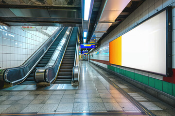 An escalator in a subway passage featuring colorful accents and modern architecture with clear wayfinding signs