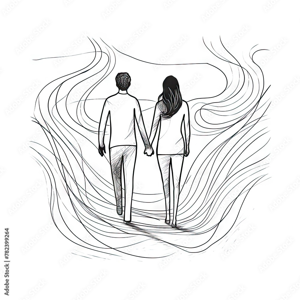 Poster loving couple embracing in continuous line art generative ai