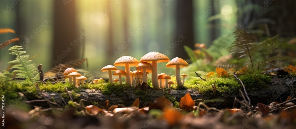 Poster Sunlight filtering through mushrooms on a log in the woods