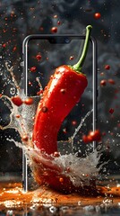 Fiery Red Pepper Exploding in a Dynamic Liquid Splash Against a Dark Background
