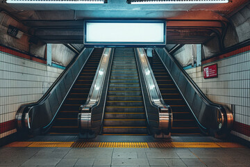 A vacant stairway in a subway station showing a worn set of steps, a blank ad banner, and white tiled walls
